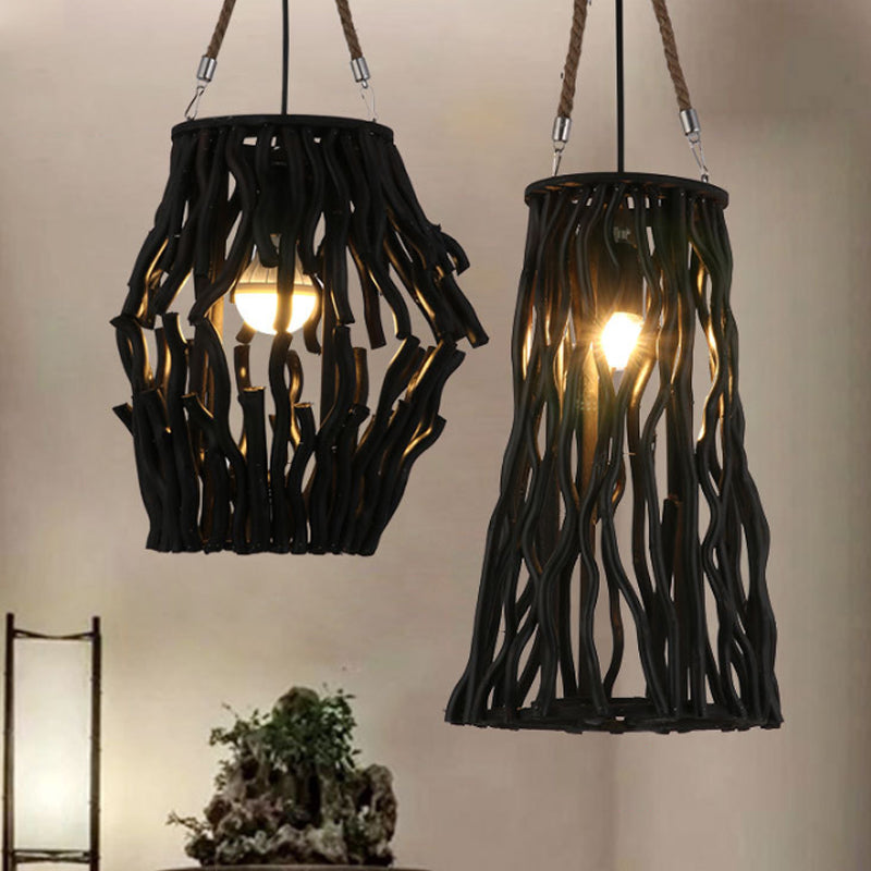 Rustic Barrel/Cone/Globe Pendant Ceiling Light Wood 1 Bulb Dining Room Hanging Lamp in Black Clearhalo 'Ceiling Lights' 'Pendant Lights' 'Pendants' Lighting' 242059