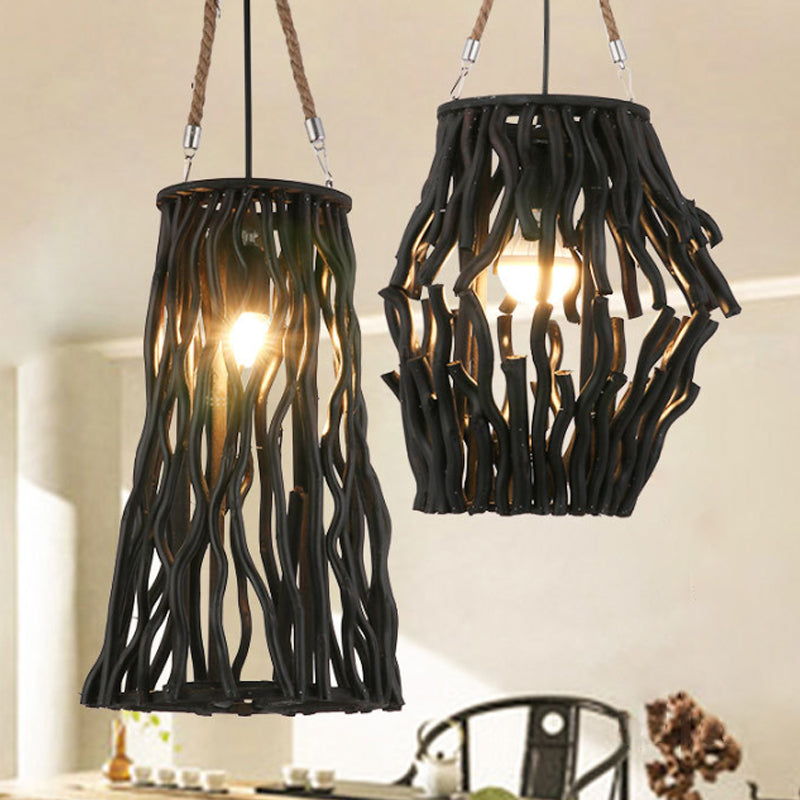 Rustic Barrel/Cone/Globe Pendant Ceiling Light Wood 1 Bulb Dining Room Hanging Lamp in Black Clearhalo 'Ceiling Lights' 'Pendant Lights' 'Pendants' Lighting' 242060