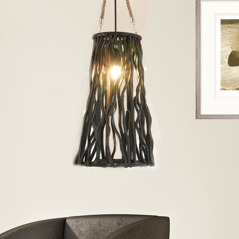 Rustic Barrel/Cone/Globe Pendant Ceiling Light Wood 1 Bulb Dining Room Hanging Lamp in Black Clearhalo 'Ceiling Lights' 'Pendant Lights' 'Pendants' Lighting' 242061