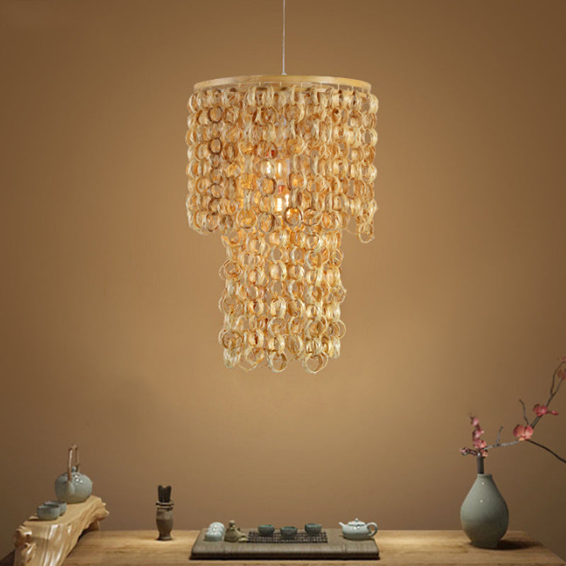 16"/19.5" Wide Tassel Bamboo Drop Pendant Chinese Single Light Beige Hanging Lamp for Dinging Room Restaurant Clearhalo 'Ceiling Lights' 'Modern Pendants' 'Modern' 'Pendant Lights' 'Pendants' Lighting' 242071