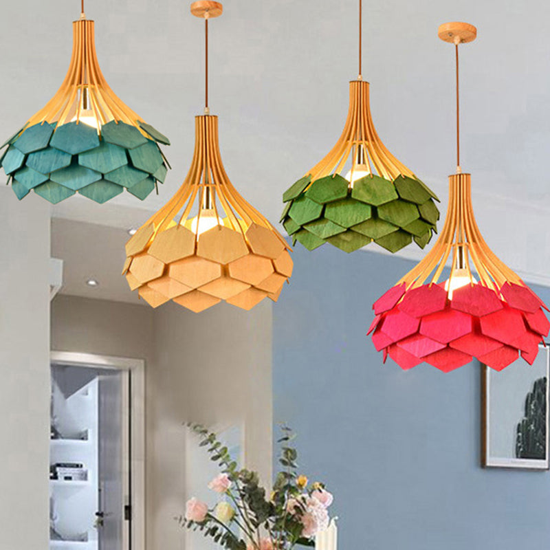 Pine Cone Hanging Light Fixture Modern Style Wood 1 Bulb Red/Blue Pendant Lamp for Dining Room Clearhalo 'Ceiling Lights' 'Modern Pendants' 'Modern' 'Pendant Lights' 'Pendants' Lighting' 242094