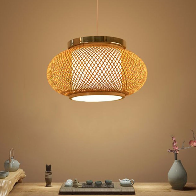 Asian Style 1 Light Hanging Lamp with Bamboo Shade Beige Rounded Drum Pendant Light Fixture, 16"/19.5" W Clearhalo 'Ceiling Lights' 'Pendant Lights' 'Pendants' Lighting' 242123