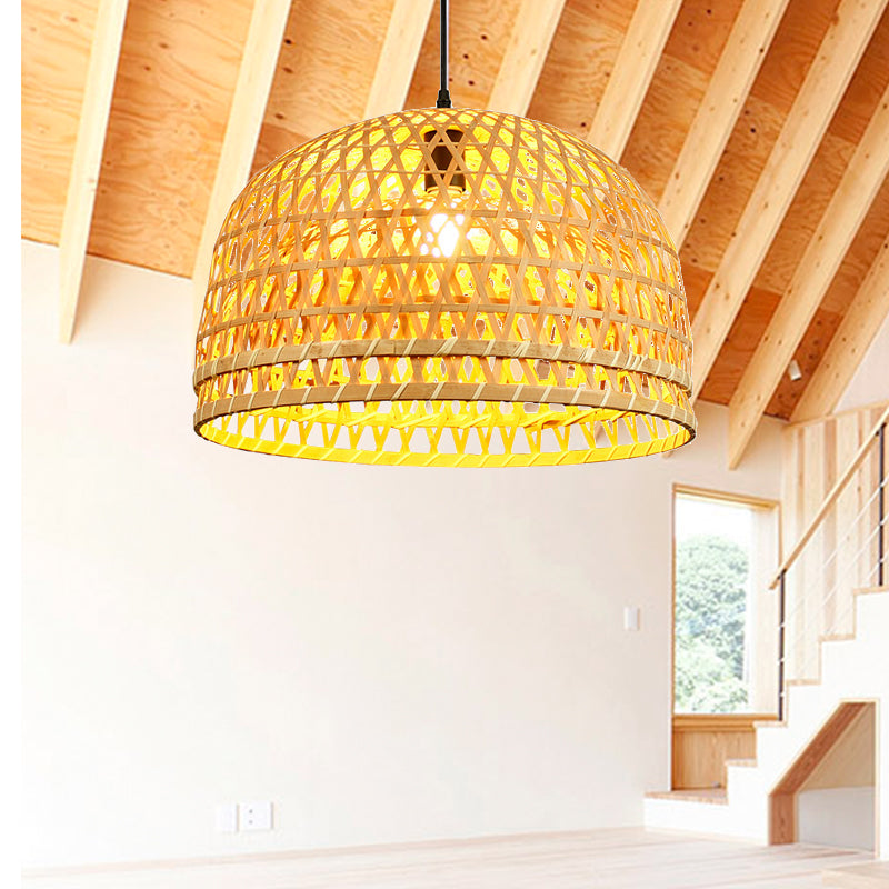 Brown/Wood Dome Shade Hanging Light Modern Style 13"/21" Dia 1 Light Bamboo Pendant Lamp for Restaurant Clearhalo 'Ceiling Lights' 'Pendant Lights' 'Pendants' Lighting' 242141