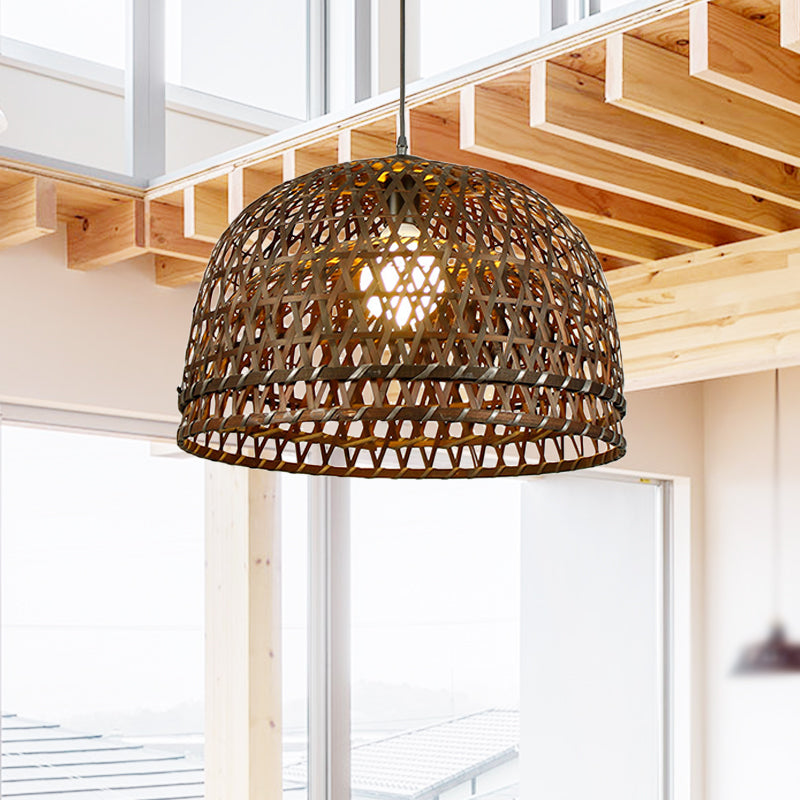 Brown/Wood Dome Shade Hanging Light Modern Style 13"/21" Dia 1 Light Bamboo Pendant Lamp for Restaurant Clearhalo 'Ceiling Lights' 'Pendant Lights' 'Pendants' Lighting' 242143