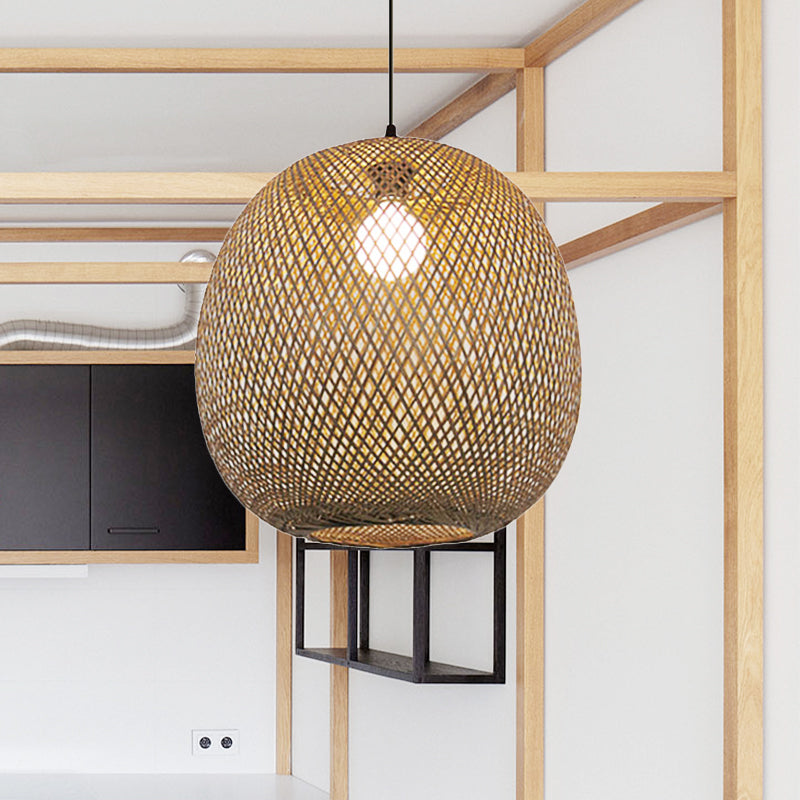 12"/17" Wide Ball Bamboo Pendant Ceiling Light Chinese 1 Light Wood/Brown Hanging Light for Kitchen Island Clearhalo 'Ceiling Lights' 'Pendant Lights' 'Pendants' Lighting' 242171