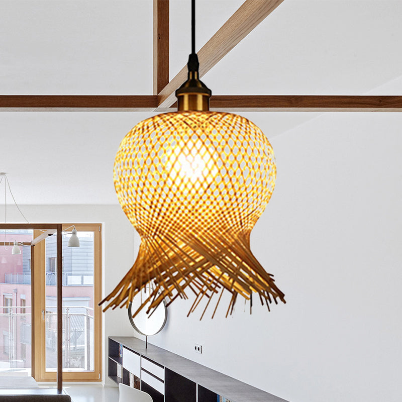 Jellyfish Shape Hand-Woven Bamboo Hanging Lamp Asian 1-Light Beige Pendant Light for Restaurant Clearhalo 'Ceiling Lights' 'Pendant Lights' 'Pendants' Lighting' 242178