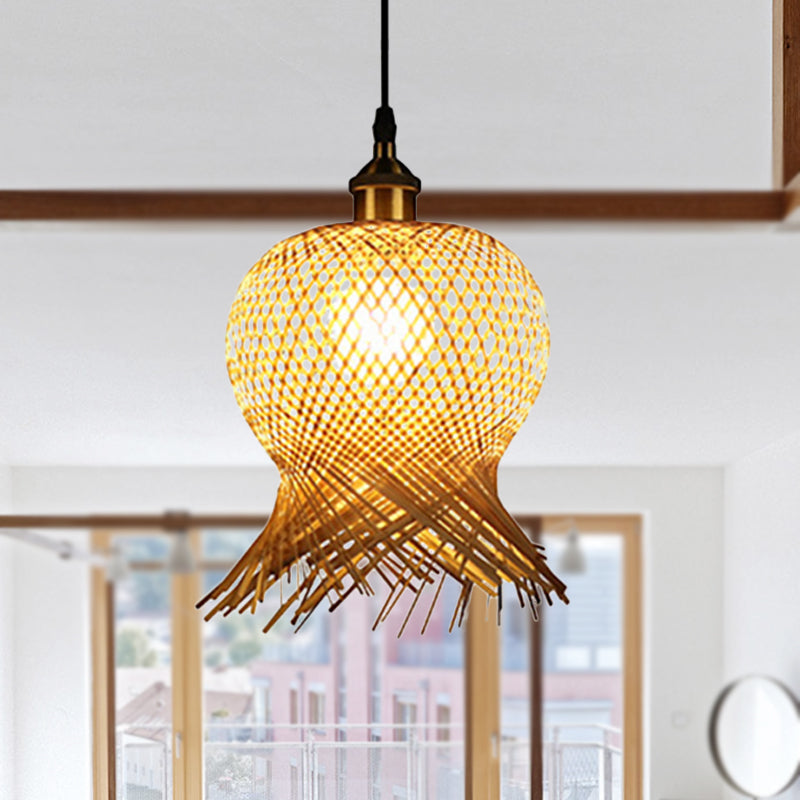 Jellyfish Shape Hand-Woven Bamboo Hanging Lamp Asian 1-Light Beige Pendant Light for Restaurant Clearhalo 'Ceiling Lights' 'Pendant Lights' 'Pendants' Lighting' 242179