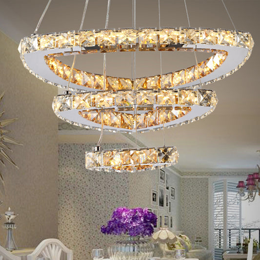 3-Tier LED Chandelier Light Fixture Contemporary Crystal Chrome Drop Pendant in Third Gear for Restaurant Chrome Clearhalo 'Ceiling Lights' 'Chandeliers' 'Modern Chandeliers' 'Modern' Lighting' 242257