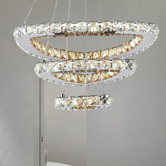 3-Tier LED Chandelier Light Fixture Contemporary Crystal Chrome Drop Pendant in Third Gear for Restaurant Clearhalo 'Ceiling Lights' 'Chandeliers' 'Modern Chandeliers' 'Modern' Lighting' 242258