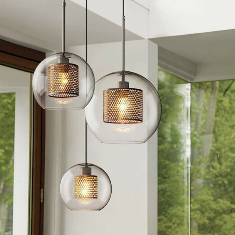 Geometric Clear Glass Ceiling Pendant Postmodern 1 Bulb Brass Finish Hanging Light with Mesh Inside Clearhalo 'Ceiling Lights' 'Chandeliers' 'Glass shade' 'Glass' 'Modern Pendants' 'Modern' 'Pendant Lights' 'Pendants' Lighting' 2423062