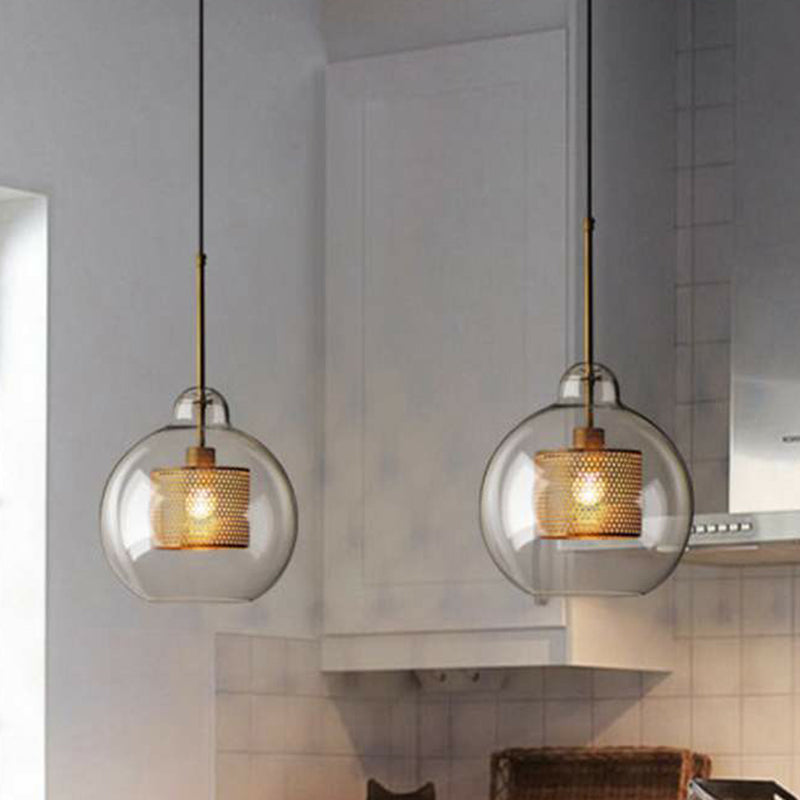 Geometric Clear Glass Ceiling Pendant Postmodern 1 Bulb Brass Finish Hanging Light with Mesh Inside Clear Gourd Clearhalo 'Ceiling Lights' 'Chandeliers' 'Glass shade' 'Glass' 'Modern Pendants' 'Modern' 'Pendant Lights' 'Pendants' Lighting' 2423063
