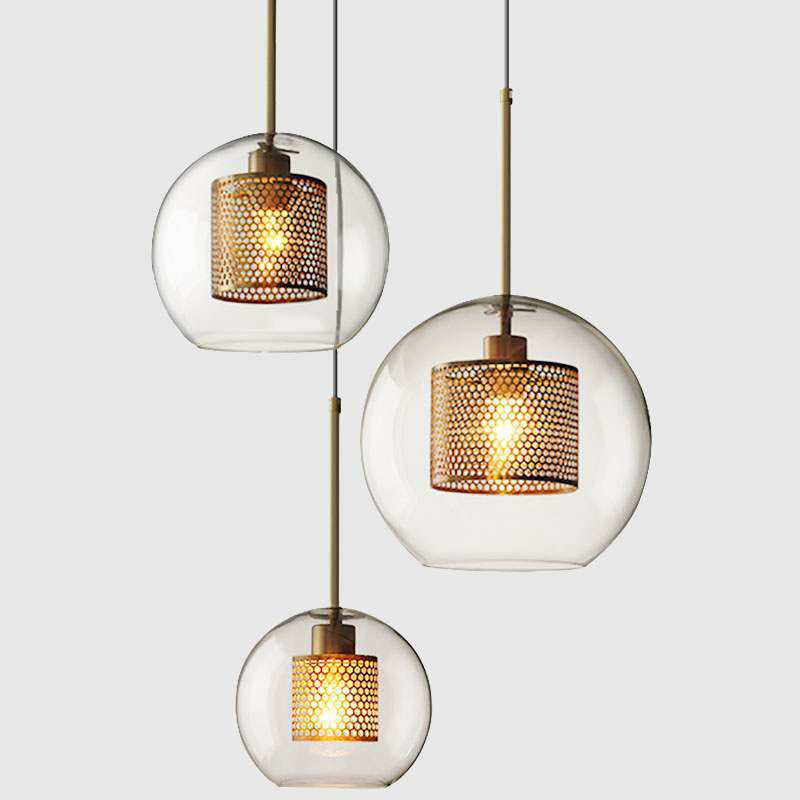 Geometric Clear Glass Ceiling Pendant Postmodern 1 Bulb Brass Finish Hanging Light with Mesh Inside Clearhalo 'Ceiling Lights' 'Chandeliers' 'Glass shade' 'Glass' 'Modern Pendants' 'Modern' 'Pendant Lights' 'Pendants' Lighting' 2423065