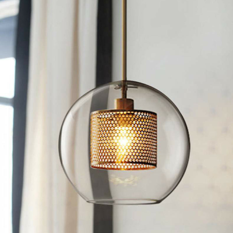 Geometric Clear Glass Ceiling Pendant Postmodern 1 Bulb Brass Finish Hanging Light with Mesh Inside Clearhalo 'Ceiling Lights' 'Chandeliers' 'Glass shade' 'Glass' 'Modern Pendants' 'Modern' 'Pendant Lights' 'Pendants' Lighting' 2423067