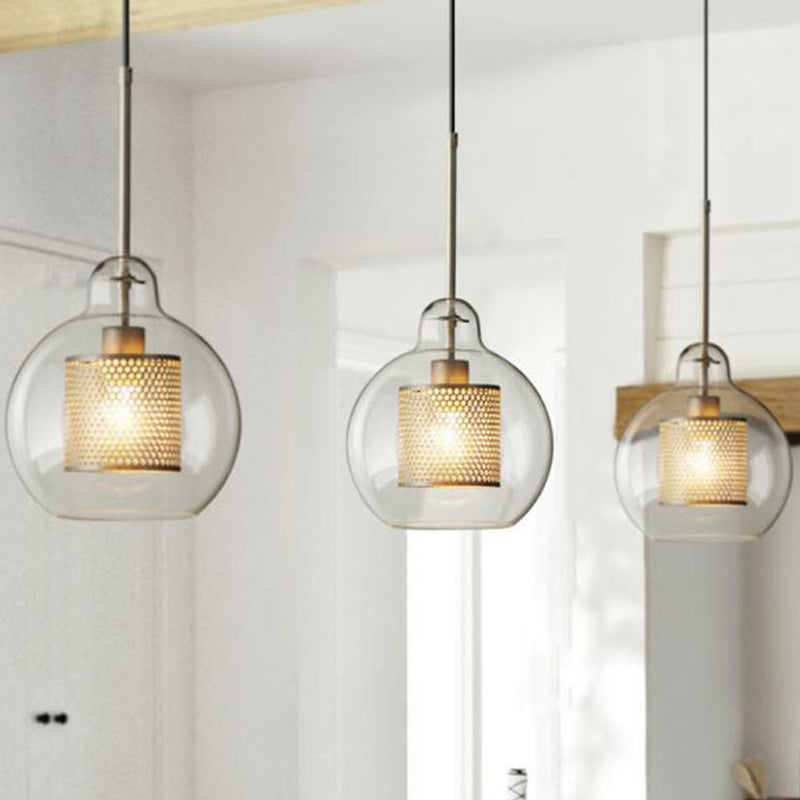 Geometric Clear Glass Ceiling Pendant Postmodern 1 Bulb Brass Finish Hanging Light with Mesh Inside Clearhalo 'Ceiling Lights' 'Chandeliers' 'Glass shade' 'Glass' 'Modern Pendants' 'Modern' 'Pendant Lights' 'Pendants' Lighting' 2423069