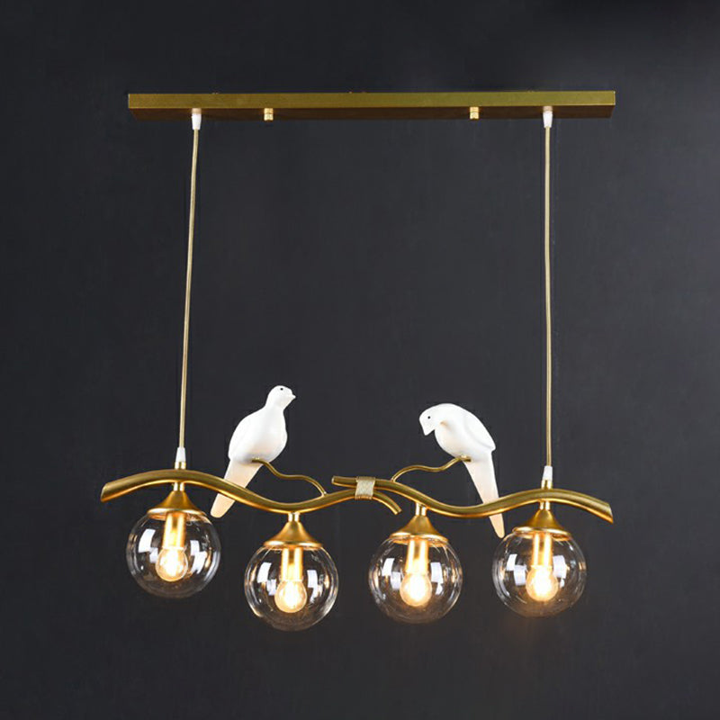 Minimalist Branch Island Lighting Metal 4-Light Dining Room Pendant Light with Ball Glass Shade and Bird Deco Gold Clear Clearhalo 'Ceiling Lights' 'Island Lights' Lighting' 2423080