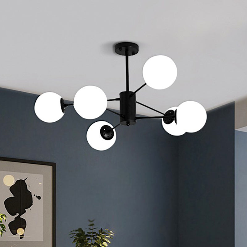 Black Burst Hanging Lamp Modern Metal Chandelier with Ball Opaline Glass Shade for Bedroom 6 Black Clearhalo 'Ceiling Lights' 'Chandeliers' 'Modern Chandeliers' 'Modern' Lighting' 2423092