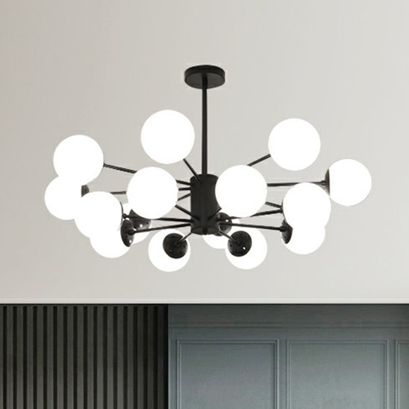 Black Burst Hanging Lamp Modern Metal Chandelier with Ball Opaline Glass Shade for Bedroom 16 Black Clearhalo 'Ceiling Lights' 'Chandeliers' 'Modern Chandeliers' 'Modern' Lighting' 2423094