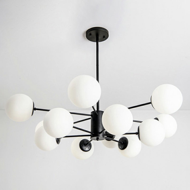 Black Burst Hanging Lamp Modern Metal Chandelier with Ball Opaline Glass Shade for Bedroom 12 Black Clearhalo 'Ceiling Lights' 'Chandeliers' 'Modern Chandeliers' 'Modern' Lighting' 2423095
