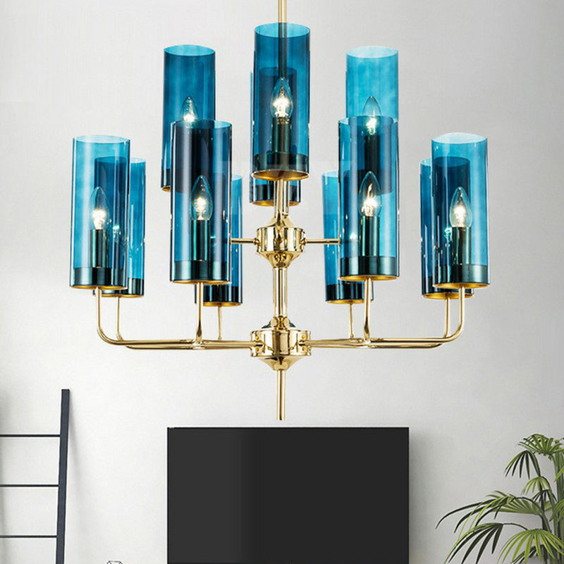 Cylindrical Up Chandelier Postmodern Glass Brass Finish Hanging Light for Living Room 12 Blue Clearhalo 'Ceiling Lights' 'Chandeliers' 'Modern Chandeliers' 'Modern' Lighting' 2423106