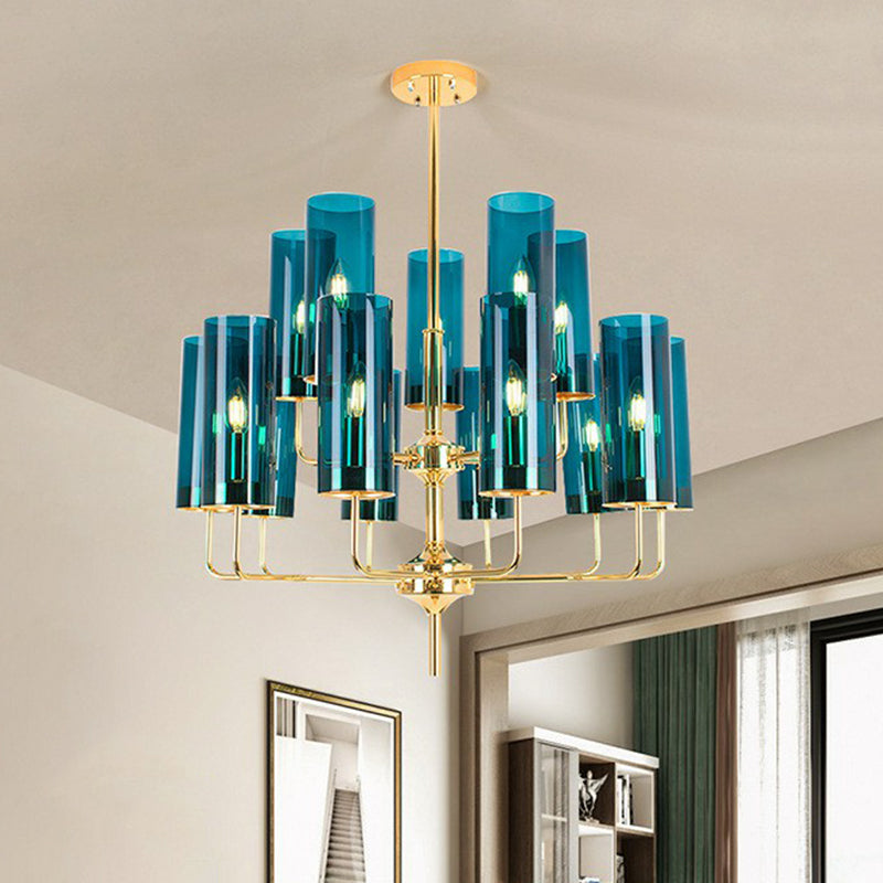 Cylindrical Up Chandelier Postmodern Glass Brass Finish Hanging Light for Living Room 15 Blue Clearhalo 'Ceiling Lights' 'Chandeliers' 'Modern Chandeliers' 'Modern' Lighting' 2423107