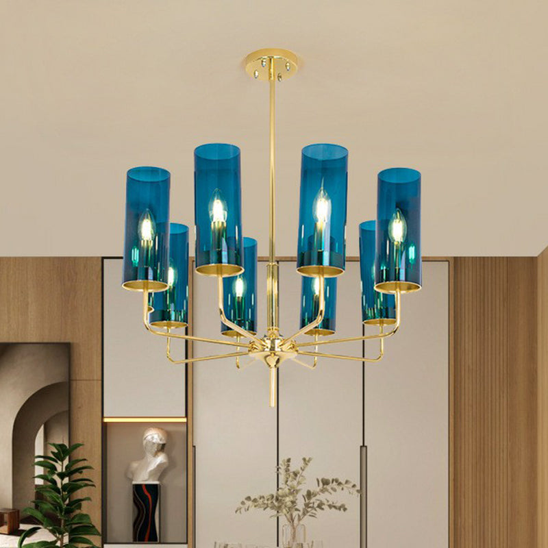 Cylindrical Up Chandelier Postmodern Glass Brass Finish Hanging Light for Living Room 8 Blue Clearhalo 'Ceiling Lights' 'Chandeliers' 'Modern Chandeliers' 'Modern' Lighting' 2423108