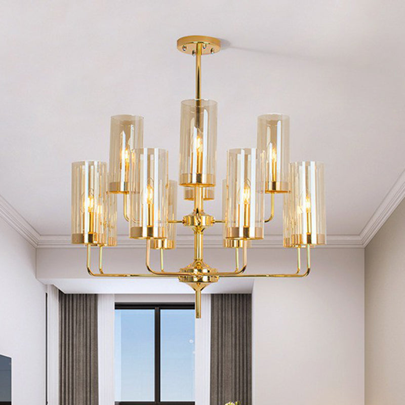 Cylindrical Up Chandelier Postmodern Glass Brass Finish Hanging Light for Living Room Clearhalo 'Ceiling Lights' 'Chandeliers' 'Modern Chandeliers' 'Modern' Lighting' 2423110