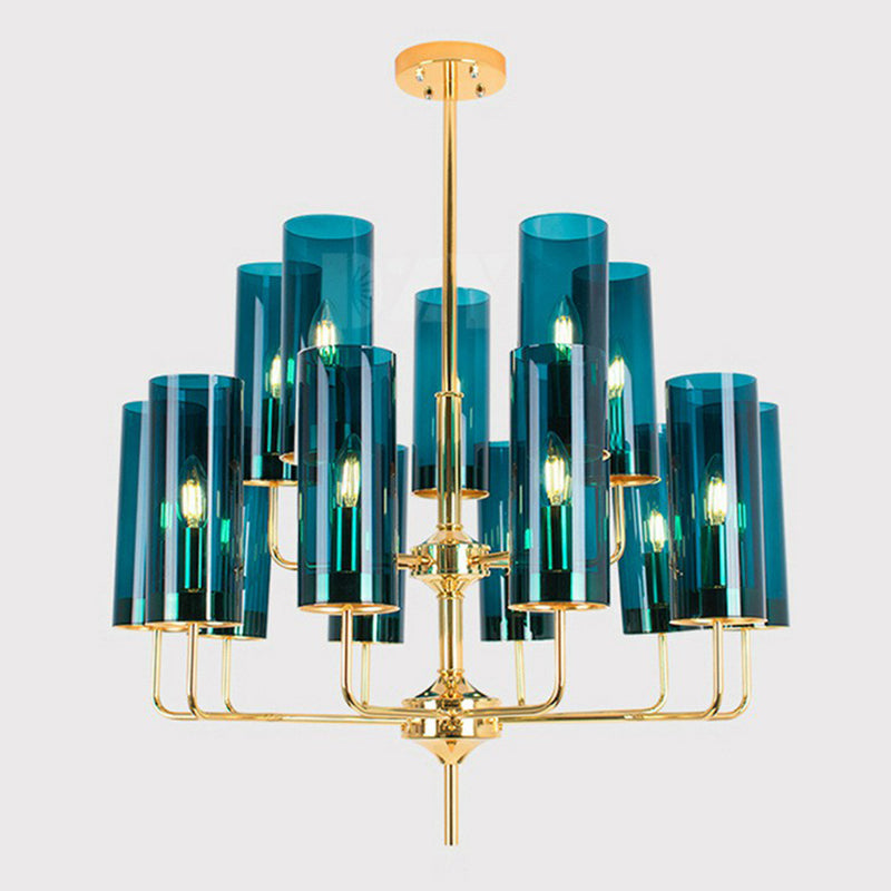 Cylindrical Up Chandelier Postmodern Glass Brass Finish Hanging Light for Living Room Clearhalo 'Ceiling Lights' 'Chandeliers' 'Modern Chandeliers' 'Modern' Lighting' 2423111