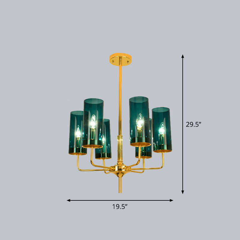 Cylindrical Up Chandelier Postmodern Glass Brass Finish Hanging Light for Living Room 6 Blue Clearhalo 'Ceiling Lights' 'Chandeliers' 'Modern Chandeliers' 'Modern' Lighting' 2423116