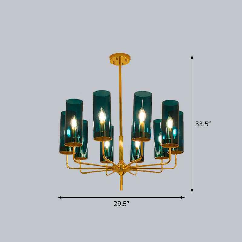 Cylindrical Up Chandelier Postmodern Glass Brass Finish Hanging Light for Living Room 10 Blue Clearhalo 'Ceiling Lights' 'Chandeliers' 'Modern Chandeliers' 'Modern' Lighting' 2423121