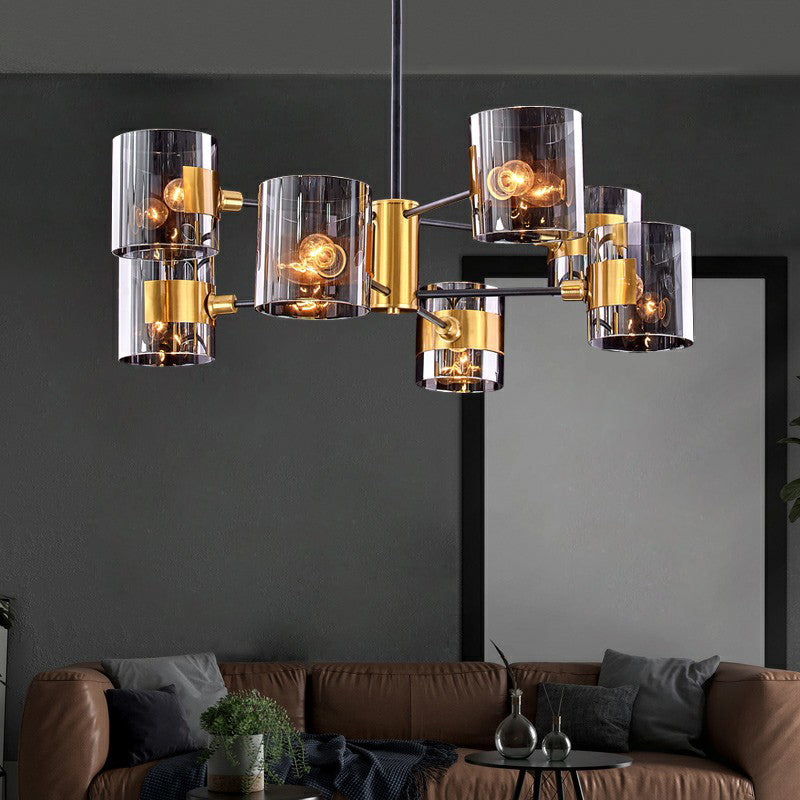 Smoke Grey Glass Cylinder Chandelier Minimalistic Black-Brass Ceiling Pendant Light for Dining Room Clearhalo 'Ceiling Lights' 'Chandeliers' 'Modern Chandeliers' 'Modern' Lighting' 2423124