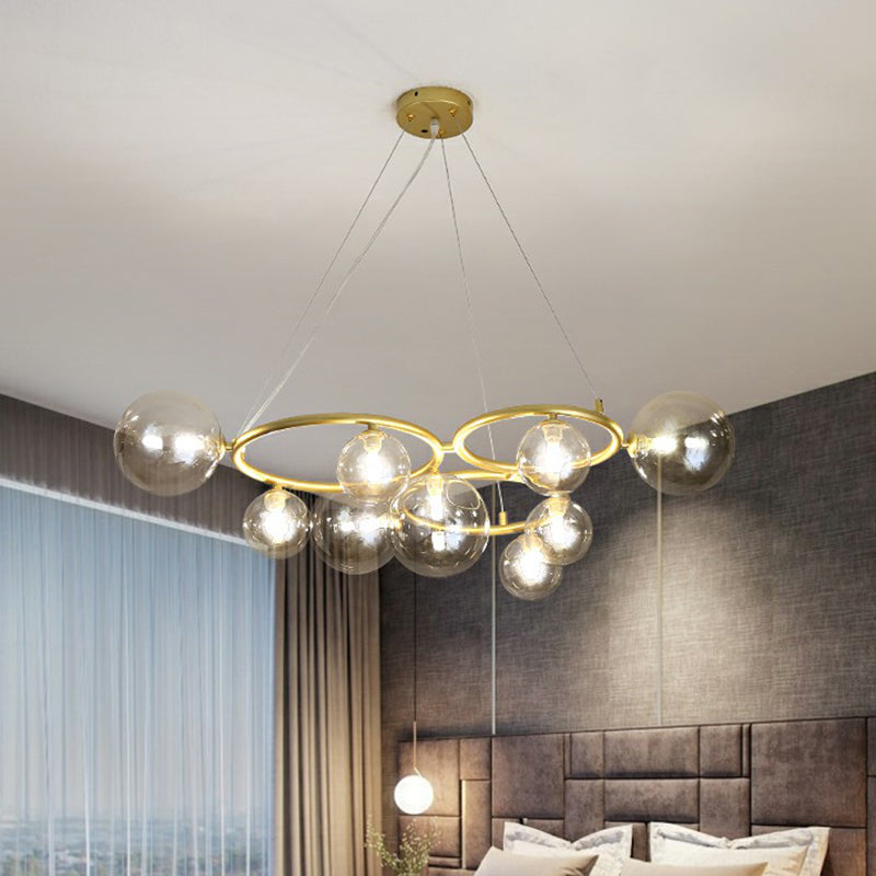Circles Hanging Chandelier Nordic Style Glass Bedroom Suspended Lighting Fixture 9 Gold Clear Clearhalo 'Ceiling Lights' 'Chandeliers' 'Modern Chandeliers' 'Modern' Lighting' 2423128