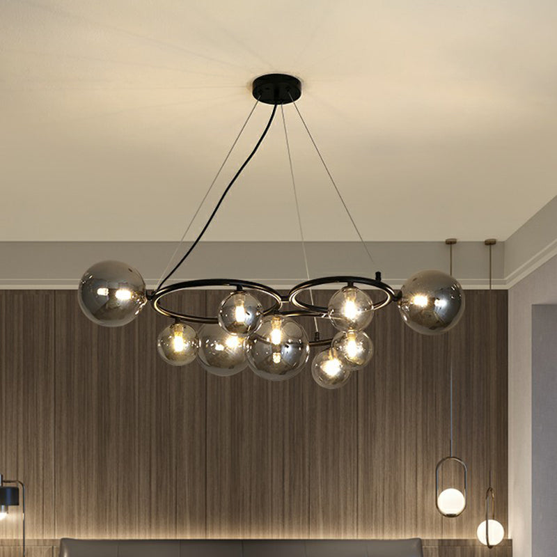 Circles Hanging Chandelier Nordic Style Glass Bedroom Suspended Lighting Fixture 12 Black Clear Clearhalo 'Ceiling Lights' 'Chandeliers' 'Modern Chandeliers' 'Modern' Lighting' 2423129