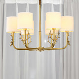 Brass Deer Chandelier Light Minimalistic Metal Hanging Lamp with Cylinder Fabric Shade 6 Brass Clearhalo 'Ceiling Lights' 'Chandeliers' 'Modern Chandeliers' 'Modern' Lighting' 2423179