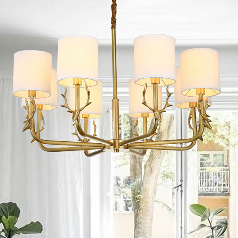 Brass Deer Chandelier Light Minimalistic Metal Hanging Lamp with Cylinder Fabric Shade Clearhalo 'Ceiling Lights' 'Chandeliers' 'Modern Chandeliers' 'Modern' Lighting' 2423180