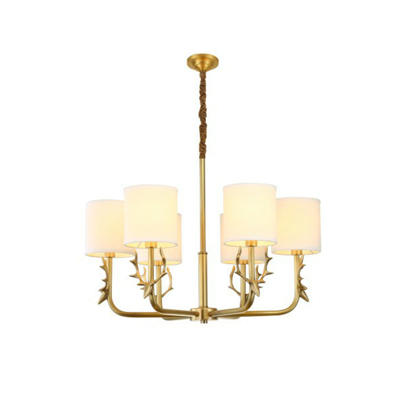 Brass Deer Chandelier Light Minimalistic Metal Hanging Lamp with Cylinder Fabric Shade Clearhalo 'Ceiling Lights' 'Chandeliers' 'Modern Chandeliers' 'Modern' Lighting' 2423181