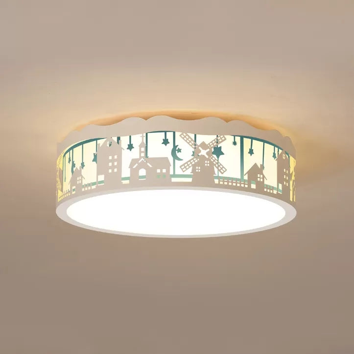 Living Room Drum Ceiling Lamp with Country View Metal Nordic Style Flush Ceiling Light Blue Clearhalo 'Ceiling Lights' 'Close To Ceiling Lights' 'Close to ceiling' 'Flush mount' Lighting' 24232