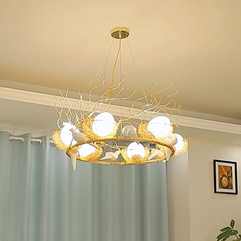 Artistic 3-Light Hanging Light Beige Nest and Egg Island Light Fixture with Cream Glass Shade Clearhalo 'Ceiling Lights' 'Chandeliers' 'Glass shade' 'Glass' 'Island Lights' 'Pendant Lights' Lighting' 2423219