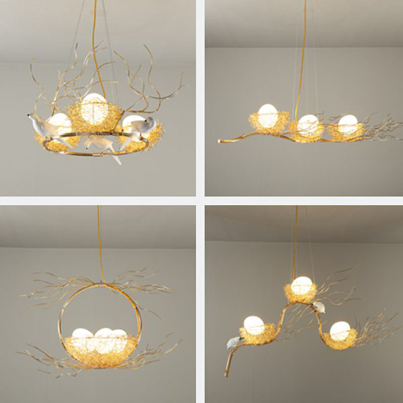 Artistic 3-Light Hanging Light Beige Nest and Egg Island Light Fixture with Cream Glass Shade Clearhalo 'Ceiling Lights' 'Chandeliers' 'Glass shade' 'Glass' 'Island Lights' 'Pendant Lights' Lighting' 2423221