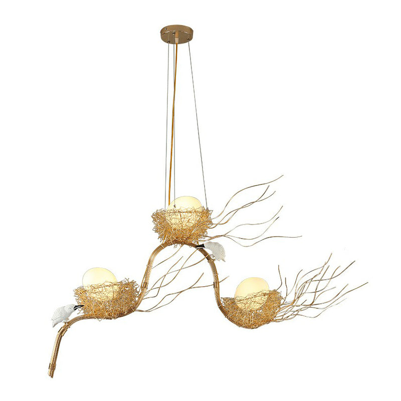 Artistic 3-Light Hanging Light Beige Nest and Egg Island Light Fixture with Cream Glass Shade Clearhalo 'Ceiling Lights' 'Chandeliers' 'Glass shade' 'Glass' 'Island Lights' 'Pendant Lights' Lighting' 2423224