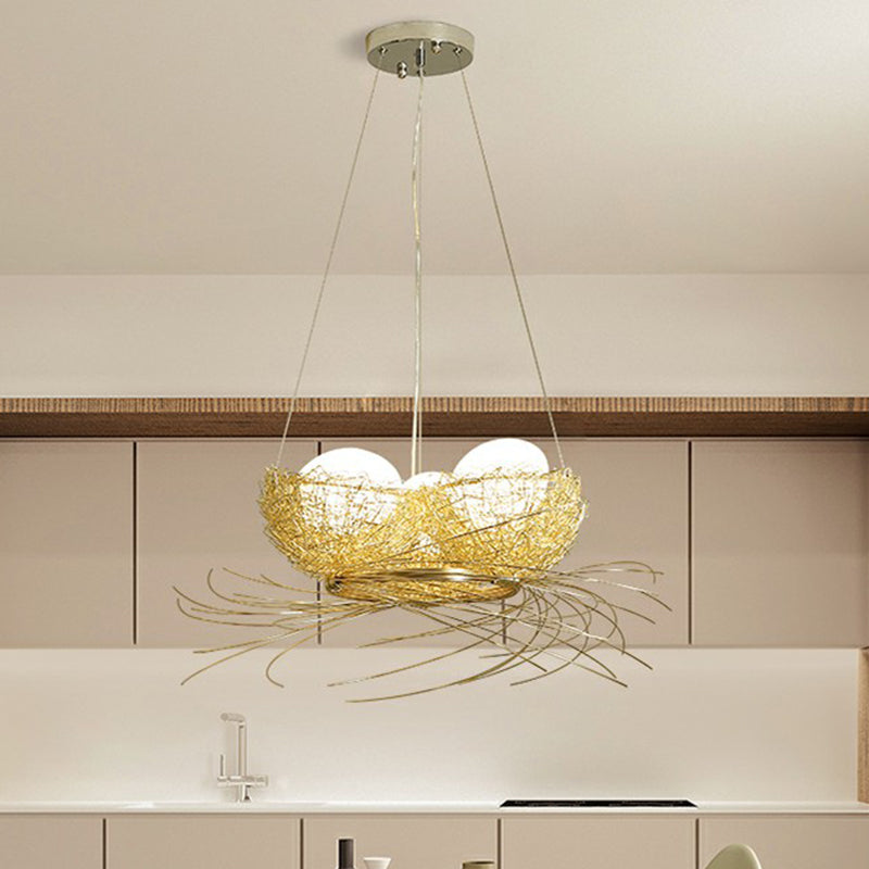 Artistry Nest Shaped Pendant Light Aluminum 3 Heads Dining Room Chandelier Light Fixture in Beige Clearhalo 'Ceiling Lights' 'Chandeliers' Lighting' options 2423238