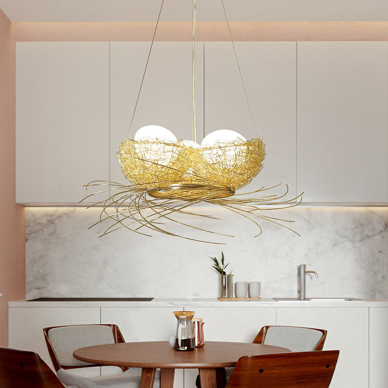 Artistry Nest Shaped Pendant Light Aluminum 3 Heads Dining Room Chandelier Light Fixture in Beige Clearhalo 'Ceiling Lights' 'Chandeliers' Lighting' options 2423241