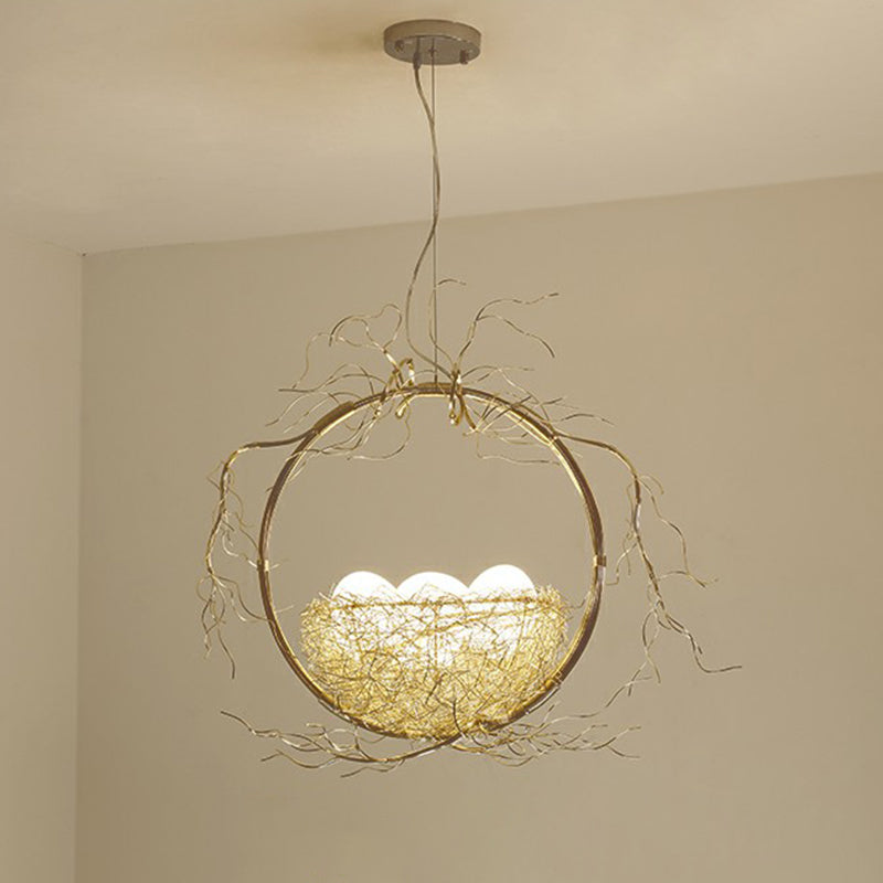 Artistry Nest Shaped Pendant Light Aluminum 3 Heads Dining Room Chandelier Light Fixture in Beige Beige Circle Clearhalo 'Ceiling Lights' 'Chandeliers' Lighting' options 2423246_382fdde0-ce85-4794-8383-1521487922ff