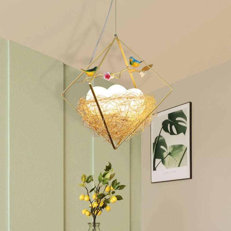 Birds Nest Chandelier Nordic Metal 3-Light Beige Hanging Light with Rhombus Frame and Egg Shade Clearhalo 'Ceiling Lights' 'Chandeliers' Lighting' options 2423247