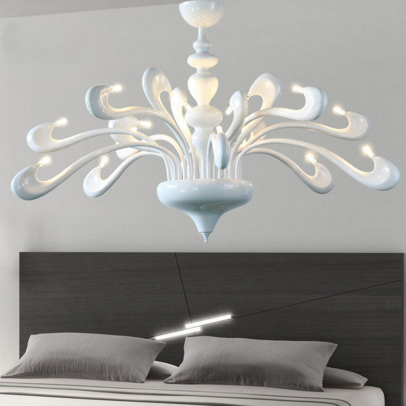 Swan Living Room Chandelier Metallic 12 Bulbs Minimalist Hanging Light Fixture in White White Clearhalo 'Ceiling Lights' 'Chandeliers' Lighting' options 2423252_574c4ad5-bbd8-41fc-8228-9abc6cf92eee