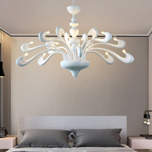 Swan Living Room Chandelier Metallic 12 Bulbs Minimalist Hanging Light Fixture in White Clearhalo 'Ceiling Lights' 'Chandeliers' Lighting' options 2423253