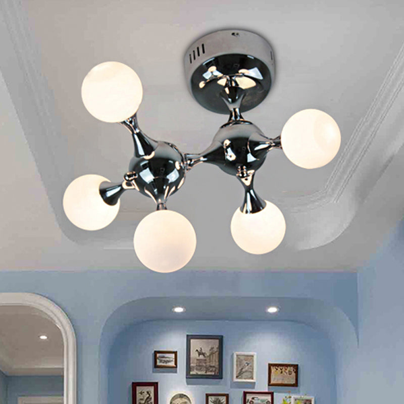 Chrome Finish Molecular Semi Flush Lighting Modern Style 5 Bulbs Metal Ceiling Lamp with Opal Glass Ball Shade Clearhalo 'Ceiling Lights' 'Close To Ceiling Lights' 'Close to ceiling' 'Semi-flushmount' Lighting' 242340