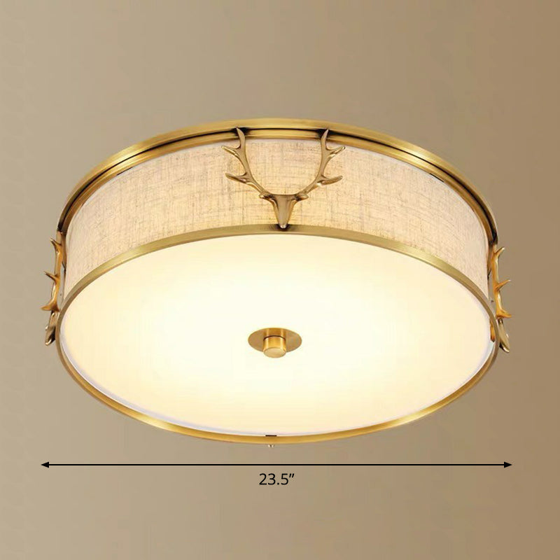 Fabric Drum Flush Ceiling Light Nordic Style Flush Light with Decorative Antler for Foyer Brass 23.5" Clearhalo 'Ceiling Lights' 'Close To Ceiling Lights' 'Close to ceiling' 'Flush mount' Lighting' 2423778