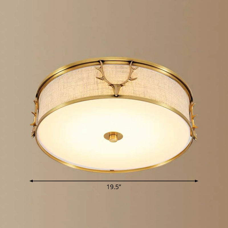 Fabric Drum Flush Ceiling Light Nordic Style Flush Light with Decorative Antler for Foyer Brass 19.5" Clearhalo 'Ceiling Lights' 'Close To Ceiling Lights' 'Close to ceiling' 'Flush mount' Lighting' 2423779