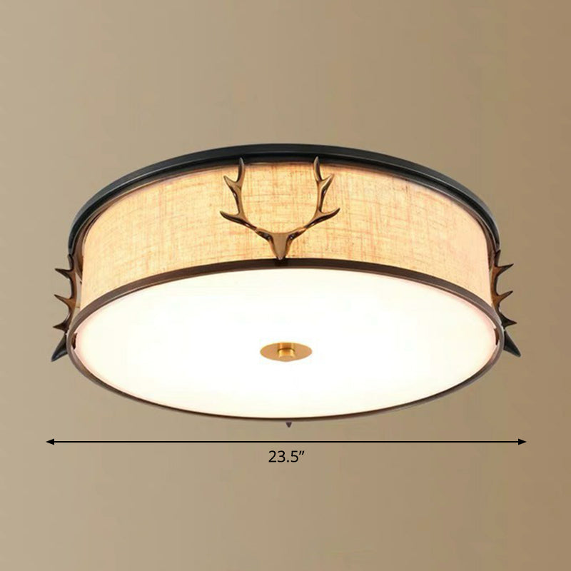 Fabric Drum Flush Ceiling Light Nordic Style Flush Light with Decorative Antler for Foyer Black 23.5" Clearhalo 'Ceiling Lights' 'Close To Ceiling Lights' 'Close to ceiling' 'Flush mount' Lighting' 2423780