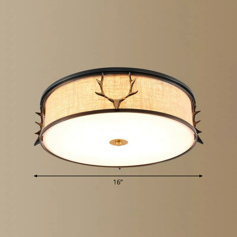 Fabric Drum Flush Ceiling Light Nordic Style Flush Light with Decorative Antler for Foyer Black 16" Clearhalo 'Ceiling Lights' 'Close To Ceiling Lights' 'Close to ceiling' 'Flush mount' Lighting' 2423781